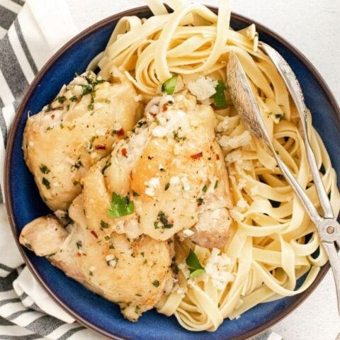 creamy chicken and pasta in a big plate