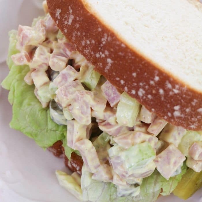 ham salad sandwich close up picture on white plate