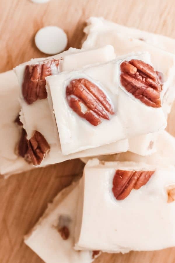 pecan fudge stacked on top of each other overhead view