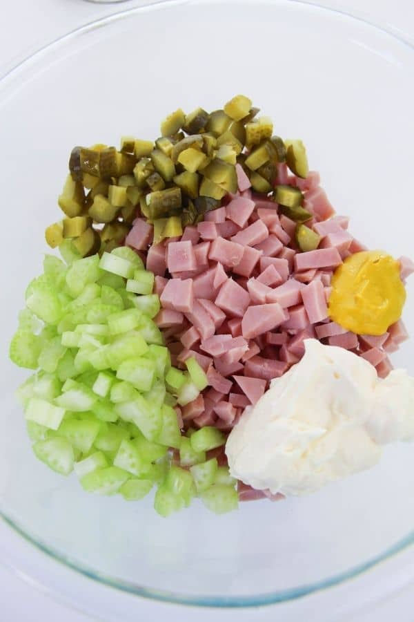 minced ham salad ingredients in a bowl 