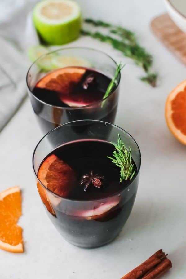 warm red wine in glasses on a table