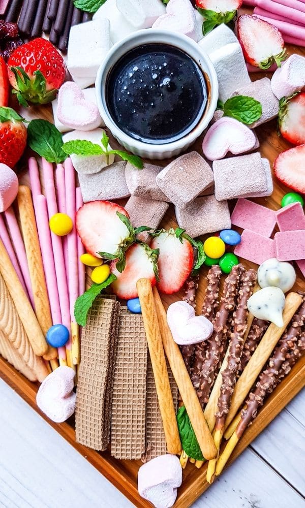 Valentine's Day Dessert board on table 