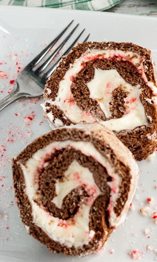 chocolate roll on a plate with fork and peppermint crumbs