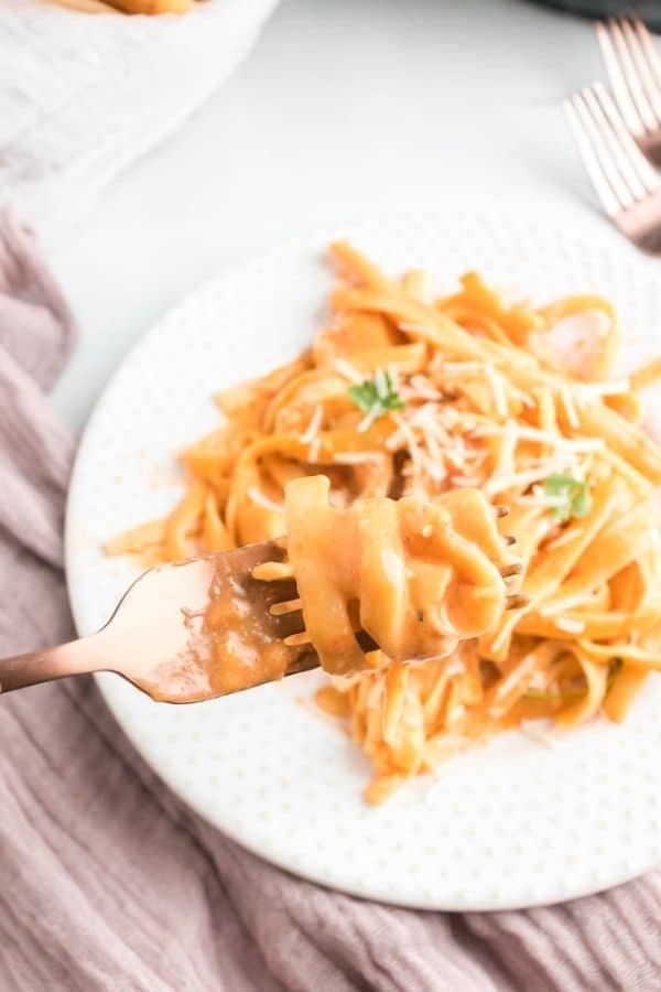 creamy pasta on a plate with pasta on a fork