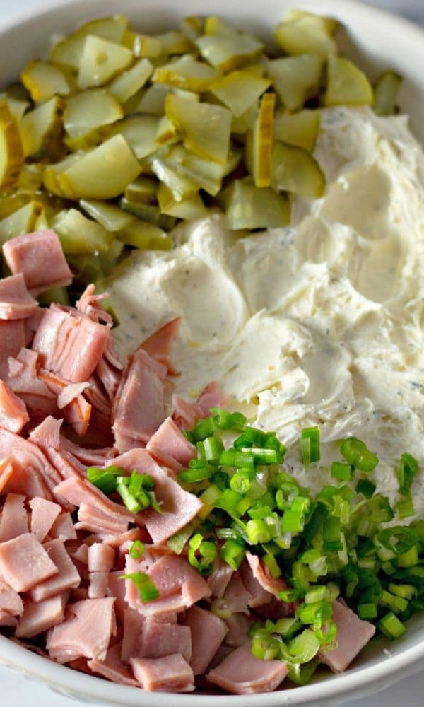 bowl with pickles, cream cheese, ham in bowl 