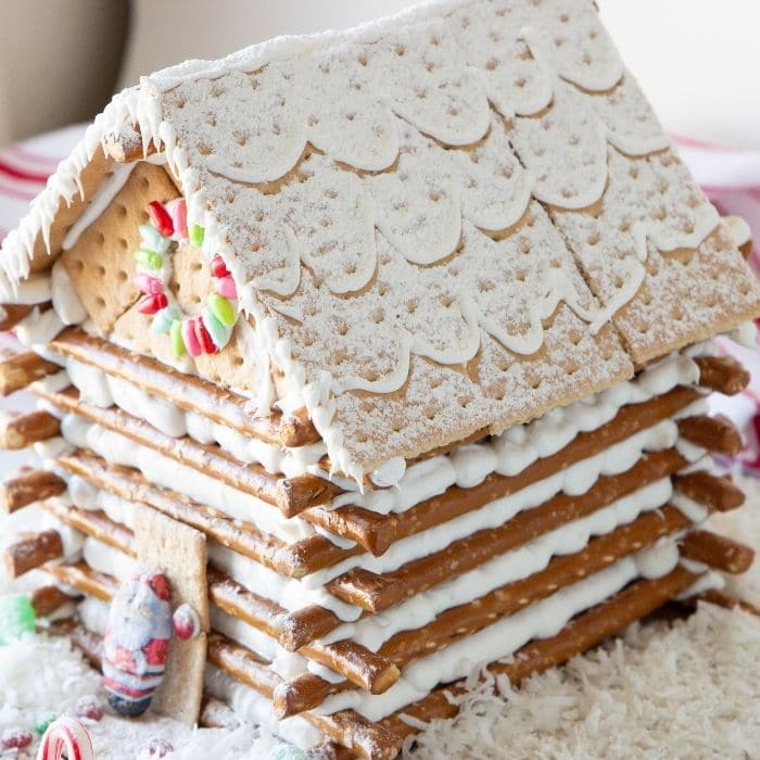 gingerbread house side view on table 