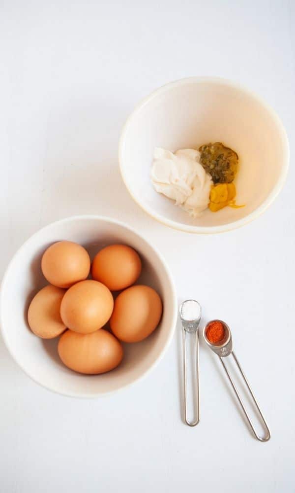 ingredients for deviled eggs on table 