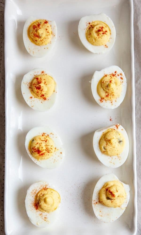 low carb deviled eggs on platter 