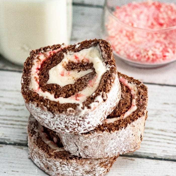 swiss roll stacked on counter 