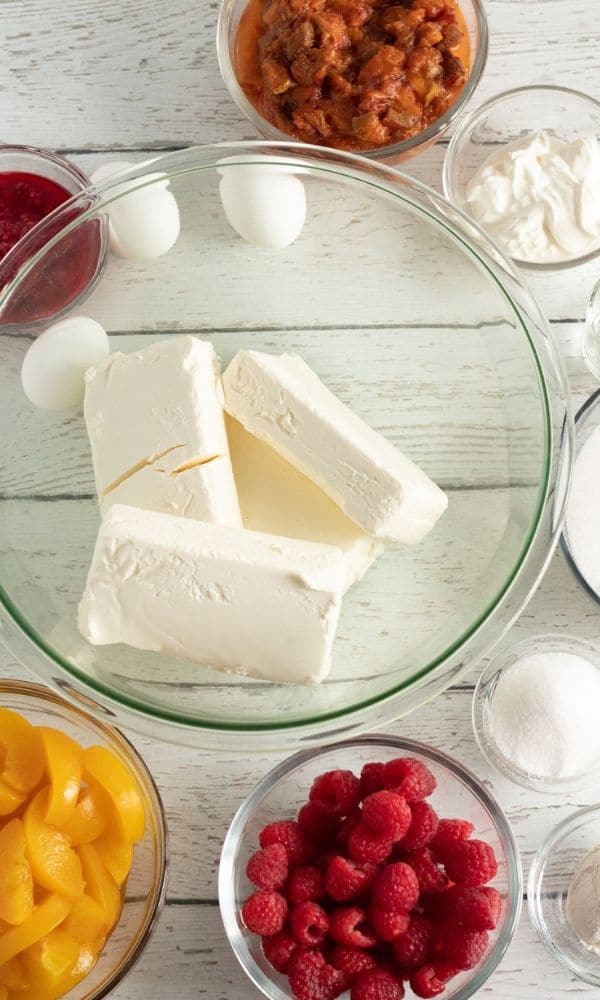 ingredients for peach raspberry cheesecake 