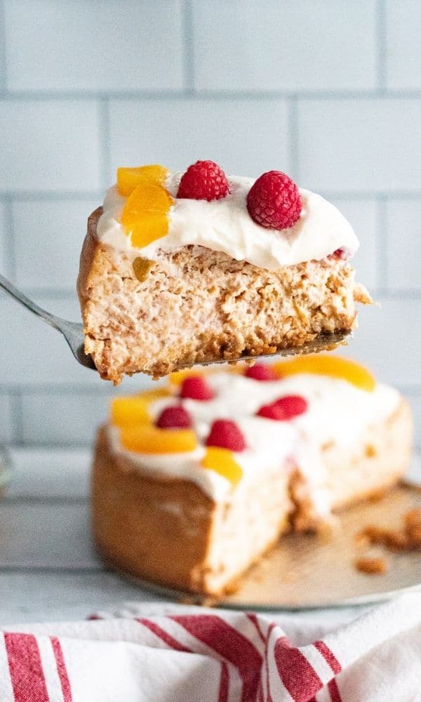 slice of cheesecake on pie holder 