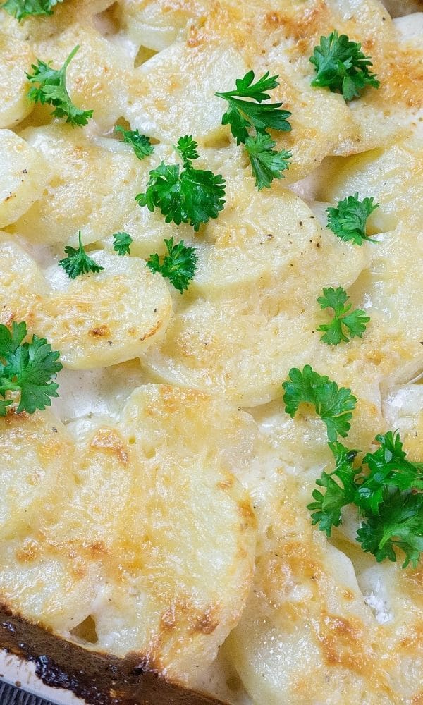 close up view of cheesy potatoes in casserole pan