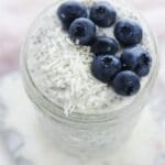 overhead shot of chia pudding with berries on top