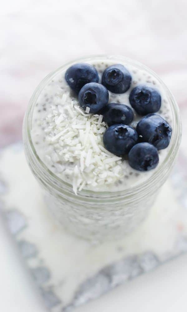 overhead shot of chia pudding with berries on top