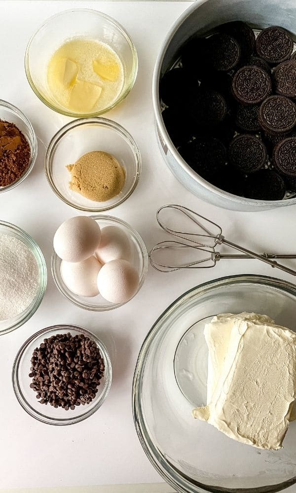 ingredients for chocolate cheesecake on counter