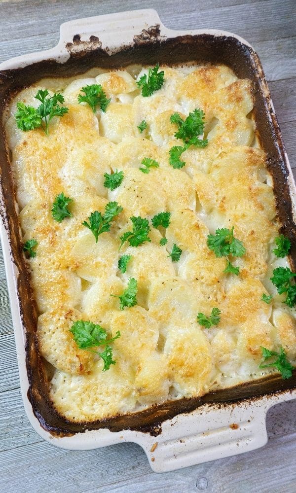 white casserole filled with cheesy potatoes 