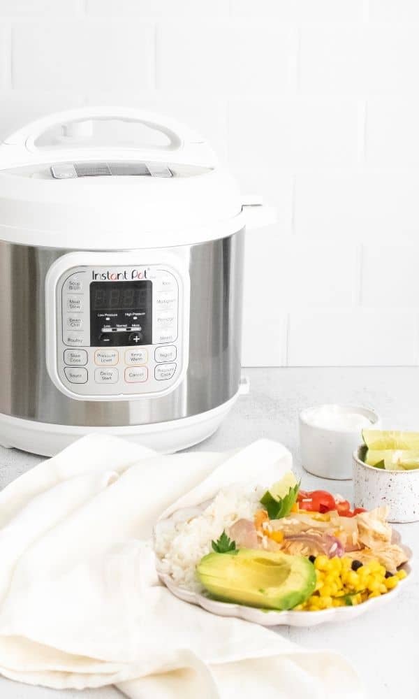 instant pot and bowl of fajita mix with rice on a marble counter 