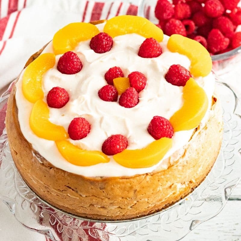 raspberry cheesecake on platter 