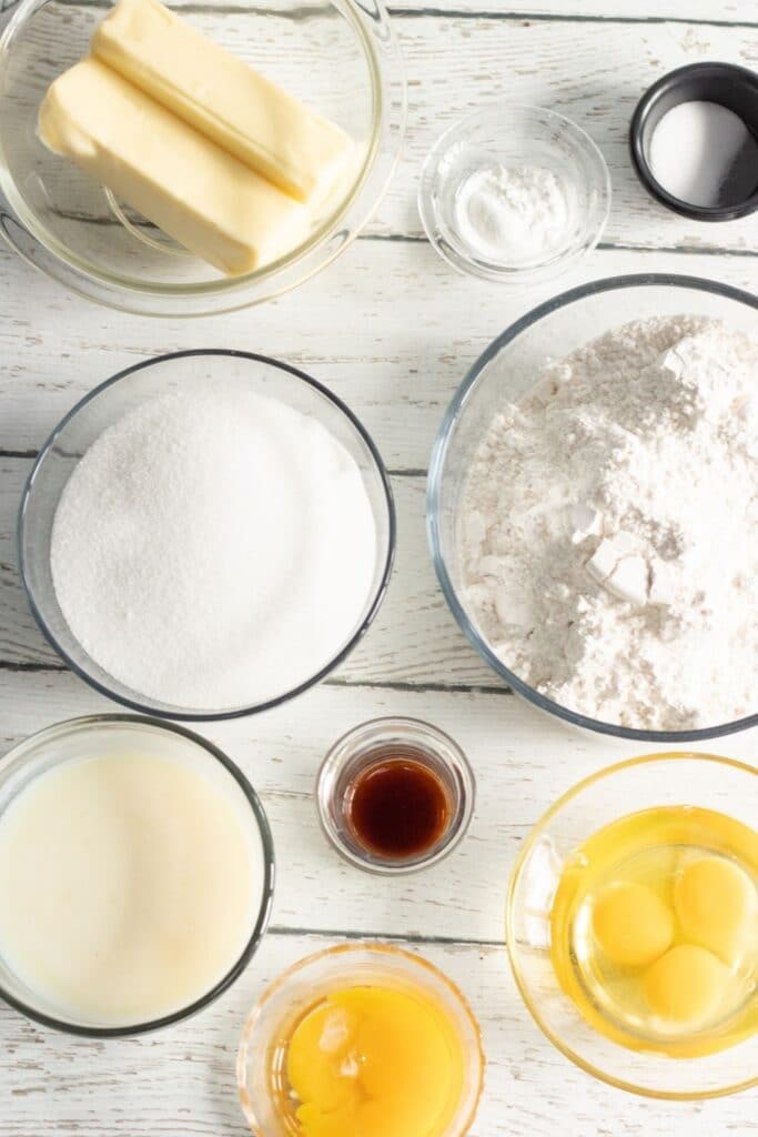 vanilla cake recipe ingredients on counter 