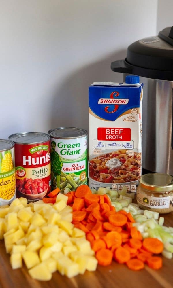 vegetable soup ingredients on counter by Instant Pot 