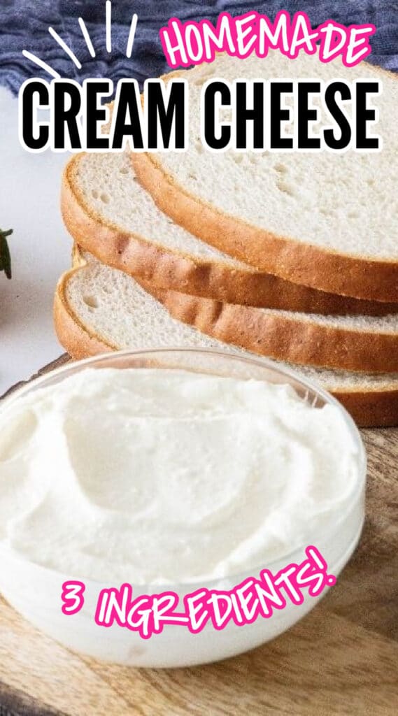 Cream cheese in bowl with bread by it on cutting board 