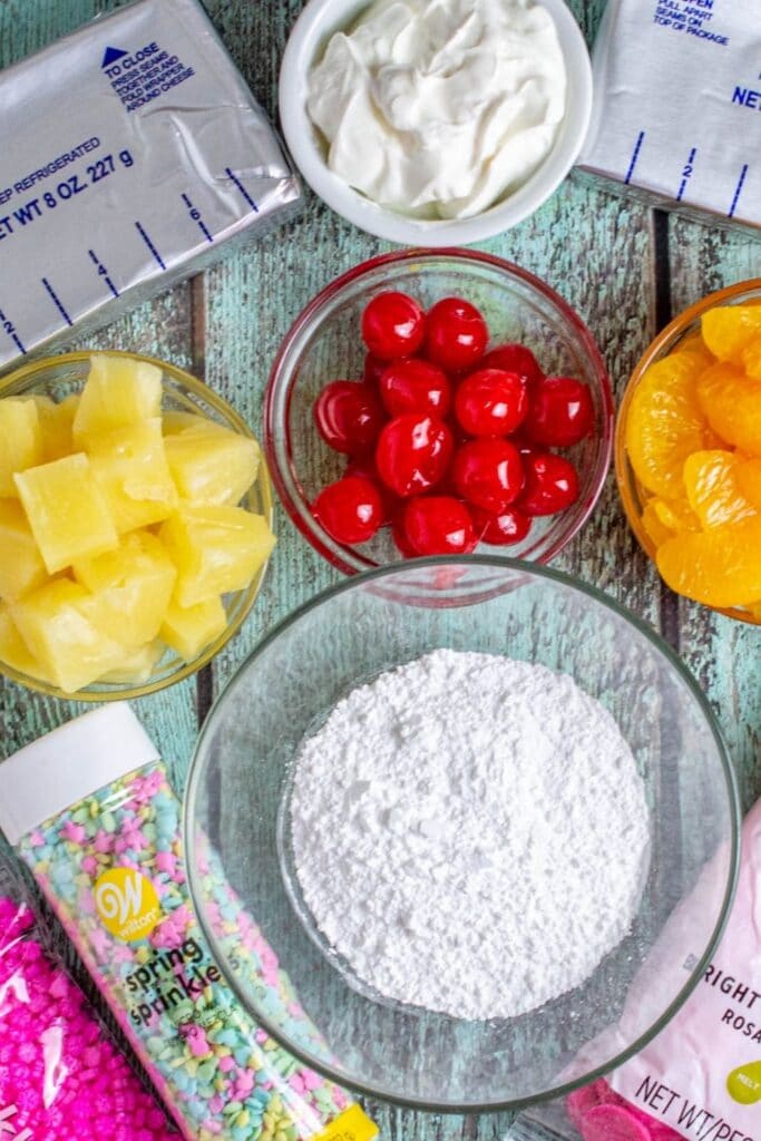 ambrosia salad dip ingredients on counter