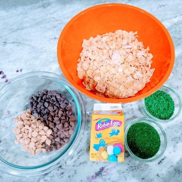 ingredients for cornflake cookies on marble counter 