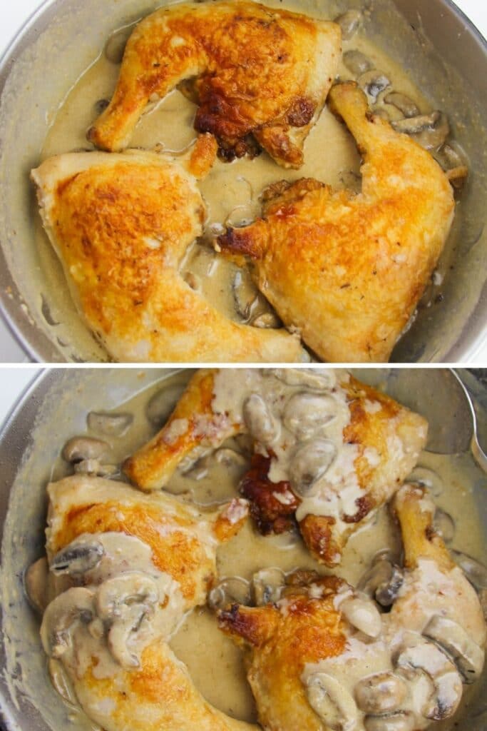 mushrooms and chicken in a pan