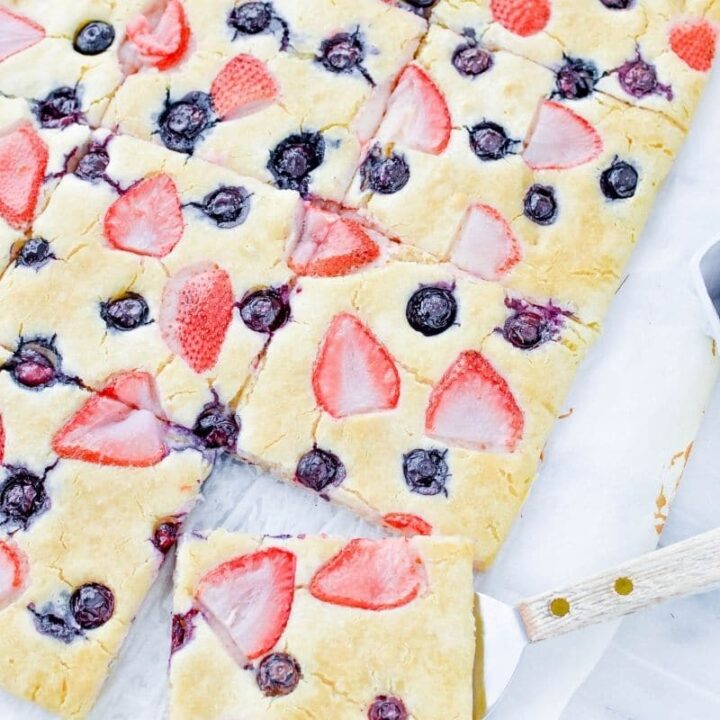 oven pancakes on table sliced into squares
