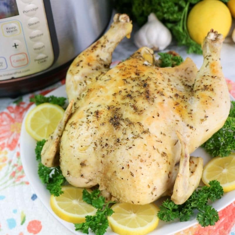 pressure cooker whole chicken on a platter 