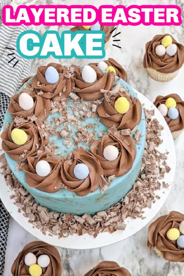 egg decorated cake on cake pan with cupcakes around it 