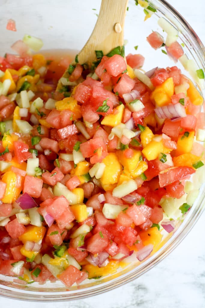 cucumber mango salsa in a bowl 