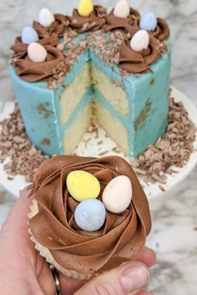 holding cupcake with a layered cake behind it 