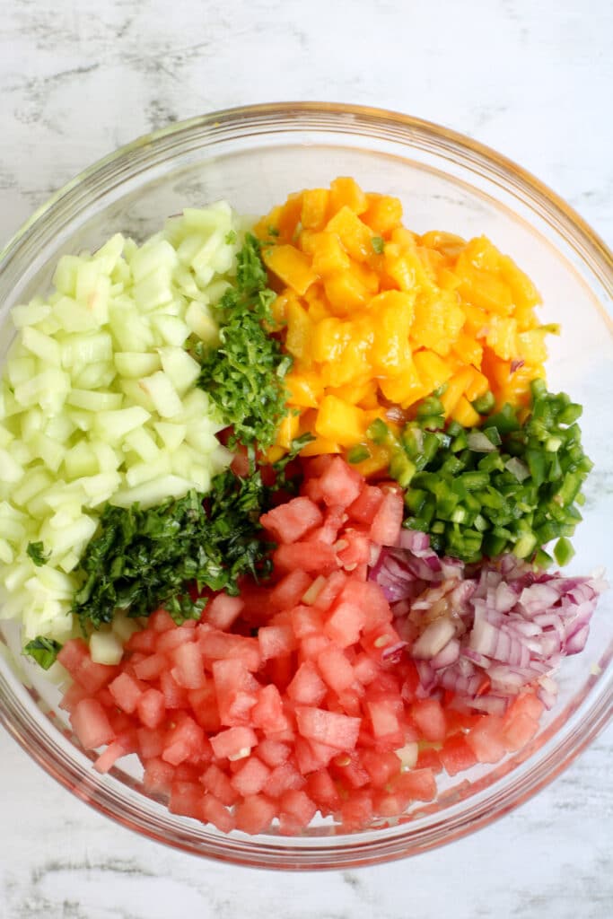 watermelon salsa ingredients in a bowl 