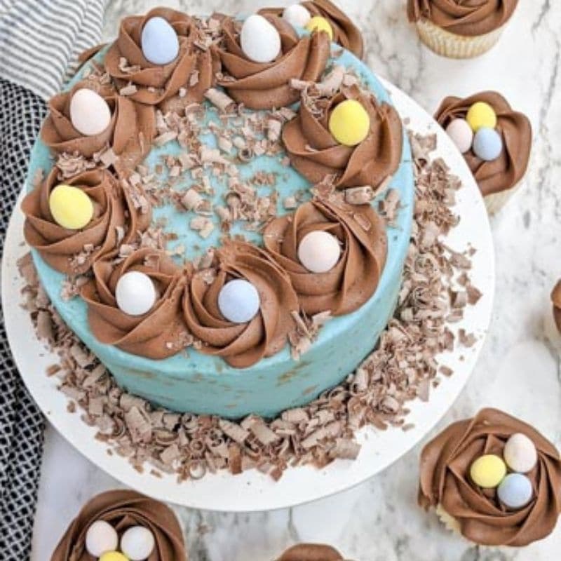 homemade easter cake overhead shot on marble counter 