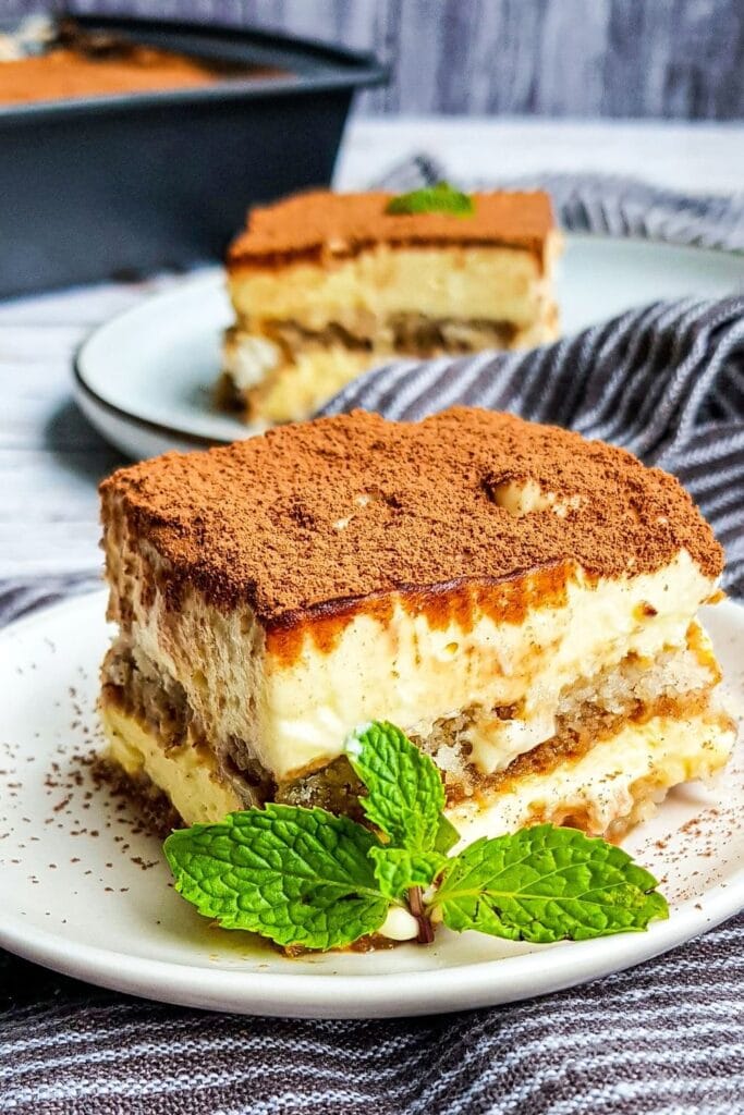 slice of tiramisu on plate 