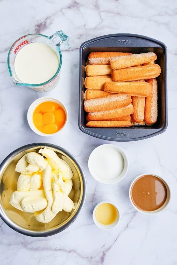 tiramisu ingredients on marble counter 