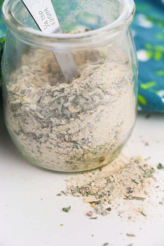 salt free seasoning recipe in a jar on table 