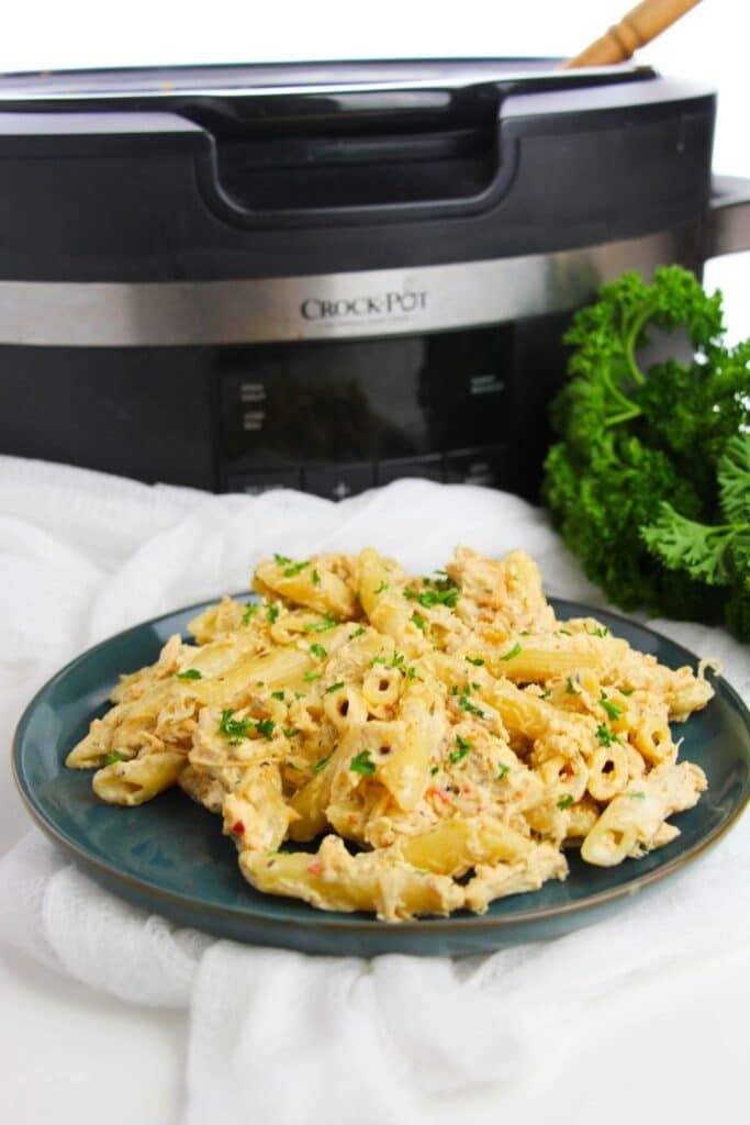 slow cooker chicken pasta on a plate