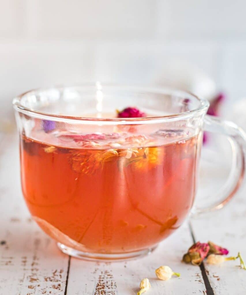 herbal tea in a clear glass mug