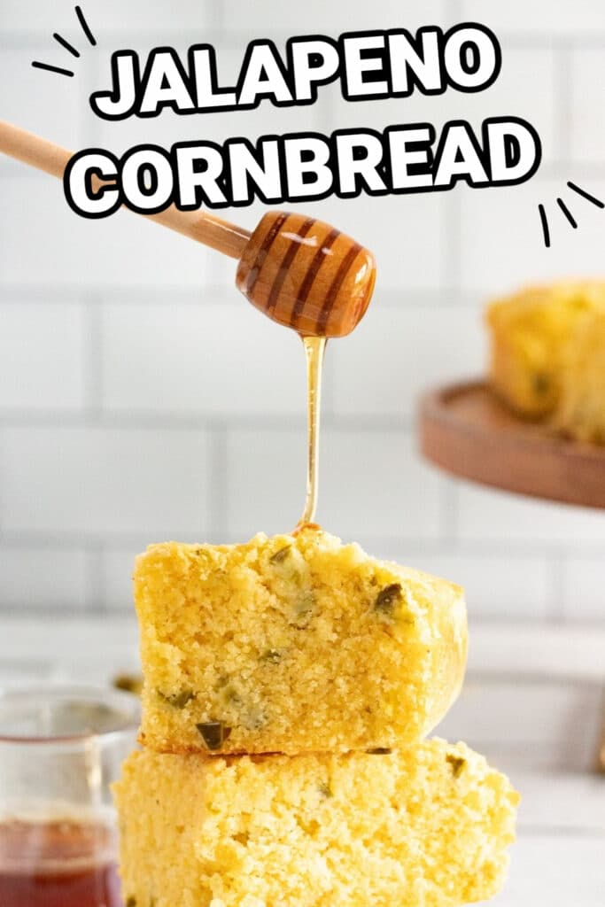 Jalapeno cornbread stacked on counter with honey drizzle over