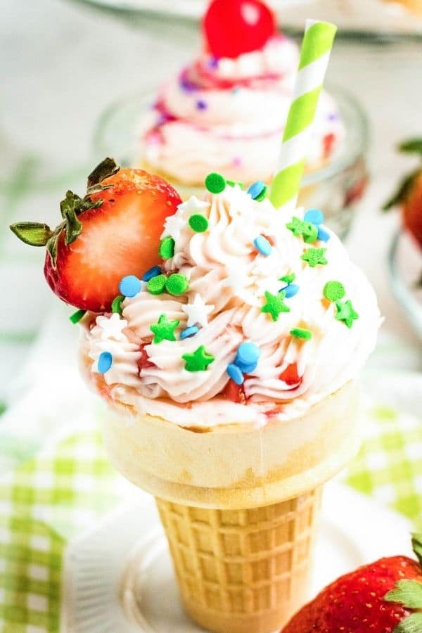 side view of cupcakes in ice cream cones 