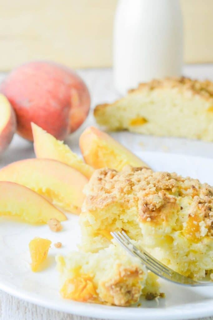 scone on a plate with peaches by it 