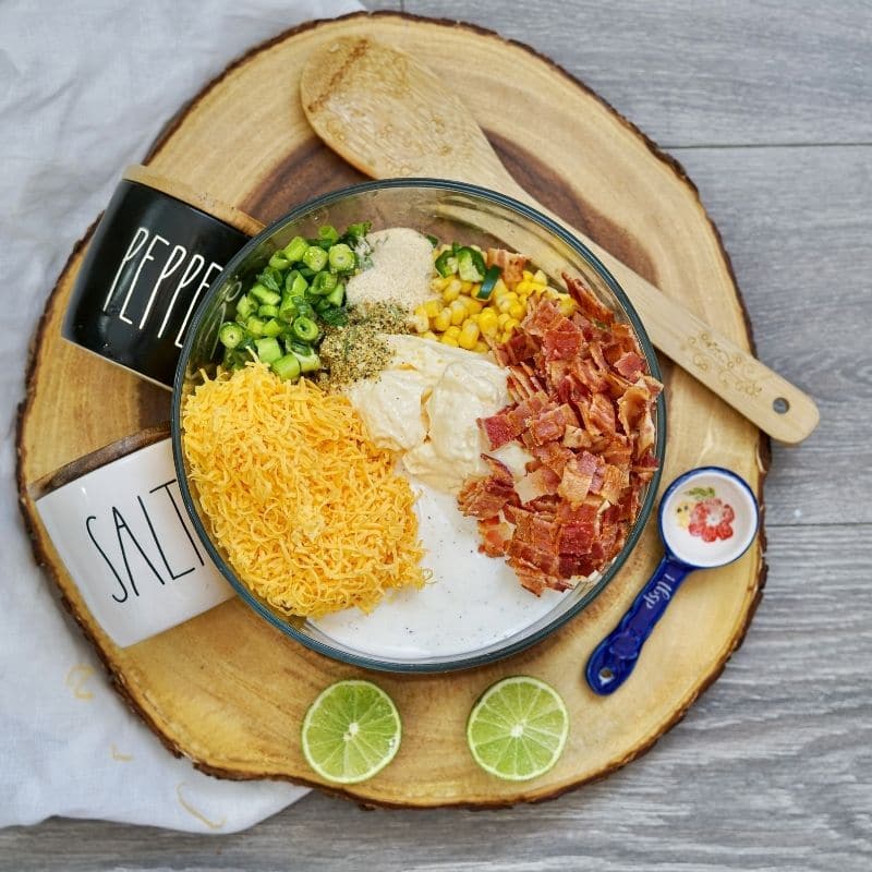 making corn salad, ingredients in a bowl 