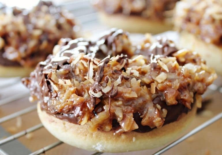 girl scout samoa donuts on cooling rack