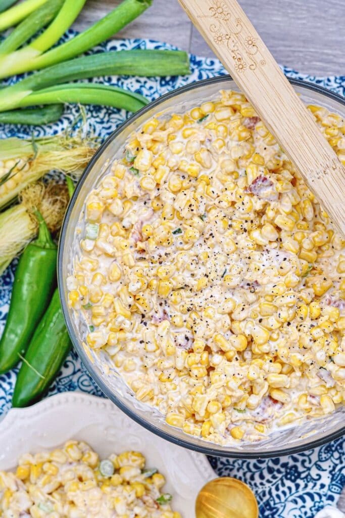 bowl of corn salad on counter 