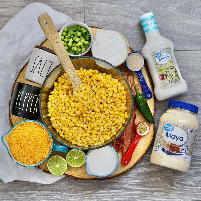 summer corn salad ingredients on table 