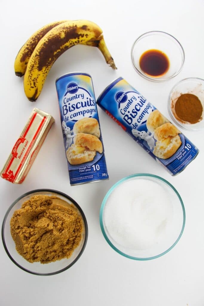 ingredients for canned biscuit monkey bread on counter 