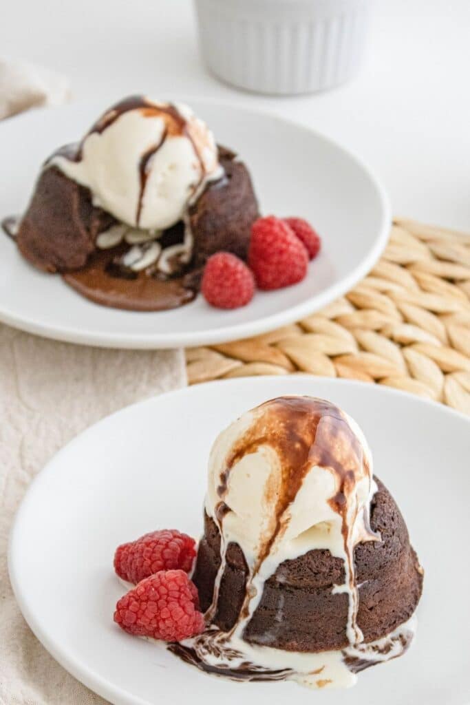 molten cakes on plate with ice cream