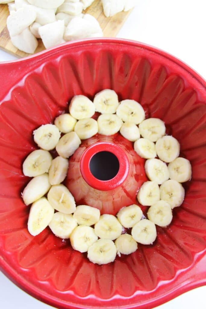 bananas in the bottom of a bundt pan 